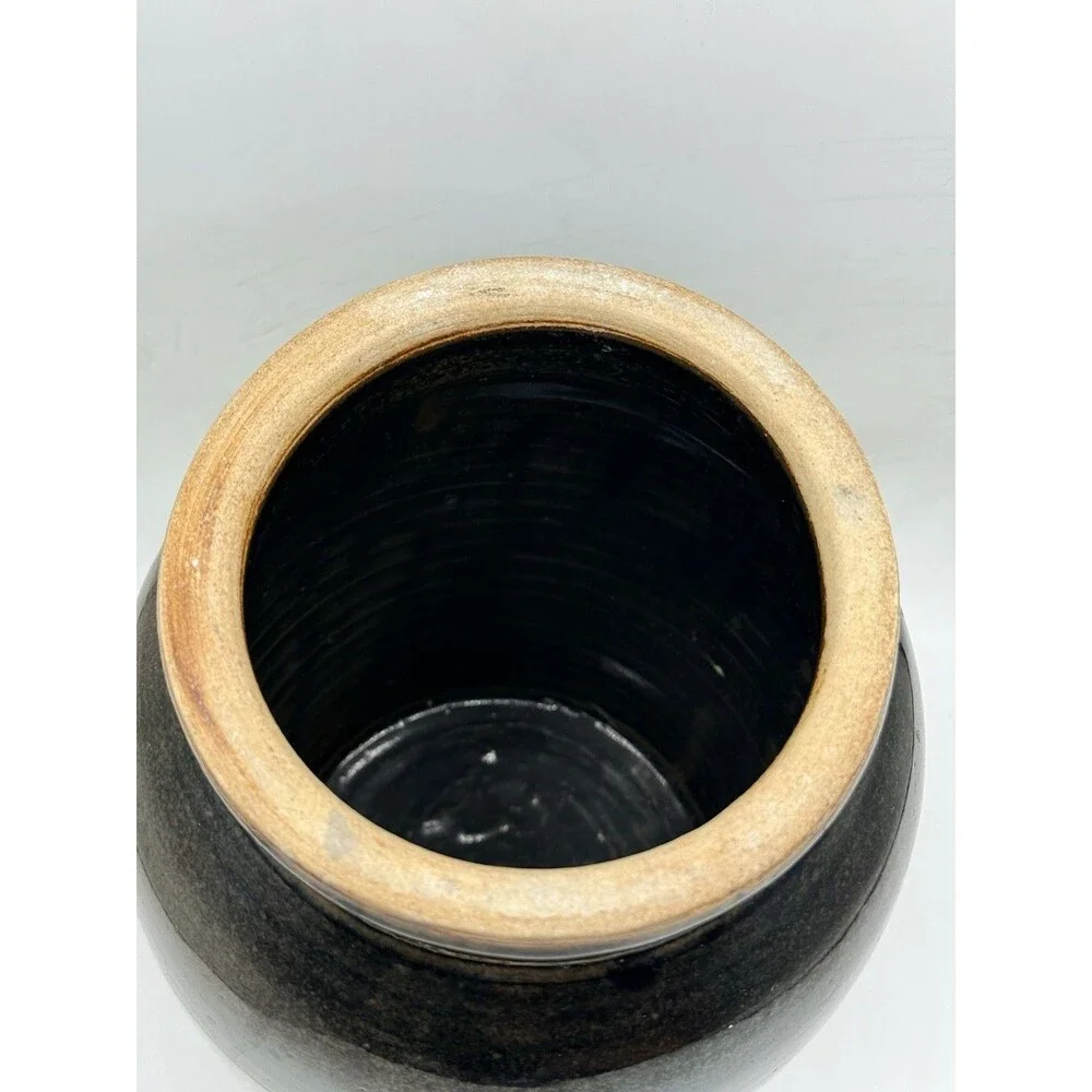 Antique Salt Glazed Two Tone Beige & Brown Stoneware Crock Jar 9.5” Tall